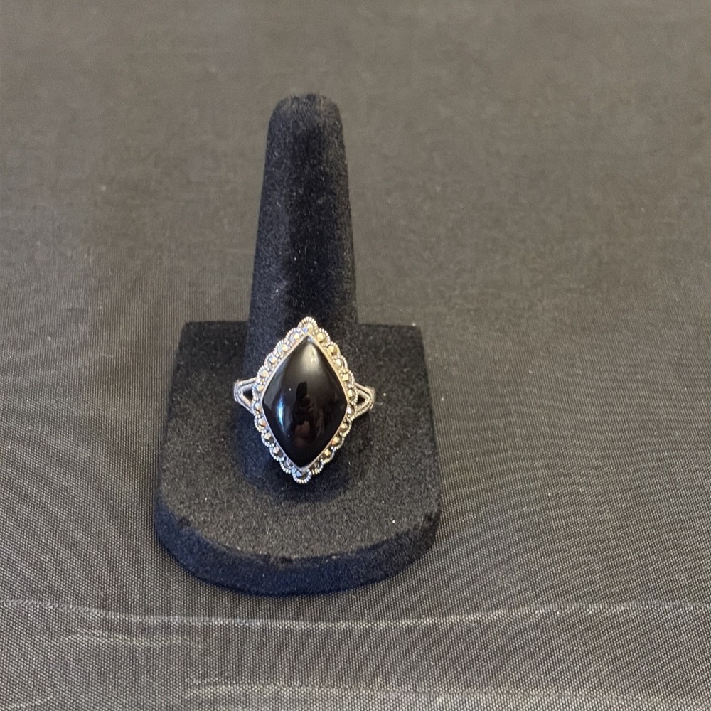 Vintage Retired Beaded Marquise Black Onyx Ring – Sterling Silver – Size 8.5